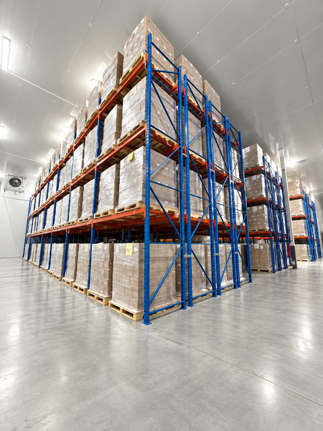 High-bay pallet racking with stretch-wrapped pallets in a refrigerated warehouse